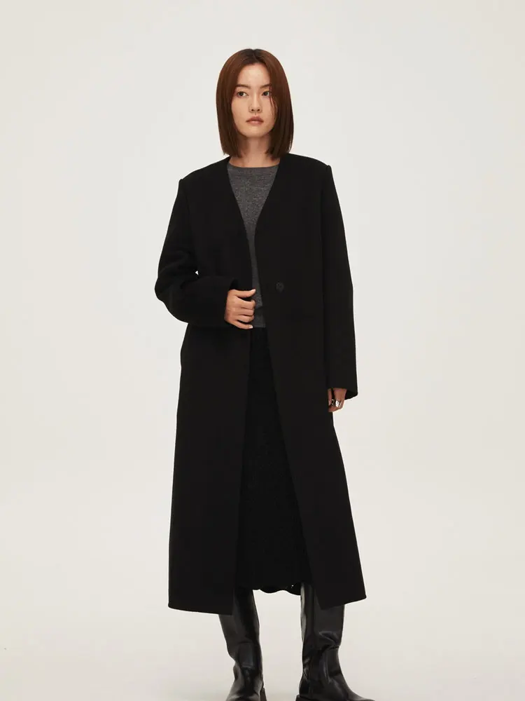 

Nok Xiaola Authentic Winter 2024 Wool Coat Yellow Bla V-ne Long Sve Korean Sle Commute Straight Cut Wool Blend Coat