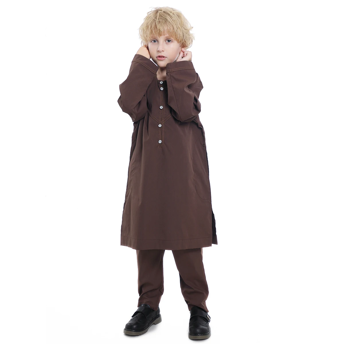 Thobe-Conjunto de traje musulmán elegante para niños, Camisa larga Abaya con pantalones, color Beige, gris, café, blanco, TH879