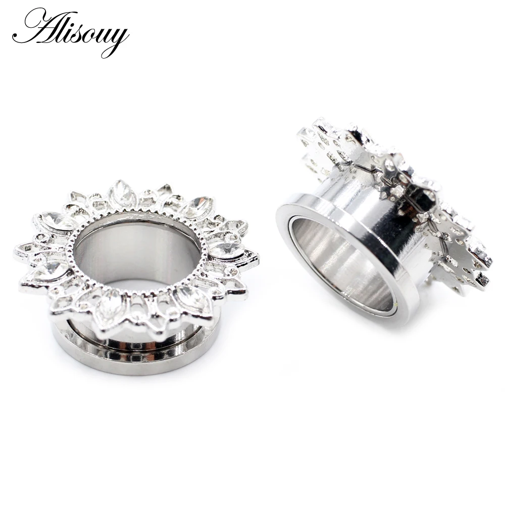 Alisouy 2 Stück Edelstahl Blume Zirkonia Mond Stern Uhr Herz Schraube Ohr Tunnel Plugs Expander Messgeräte Körper Piercing Schmuck – Detail 12