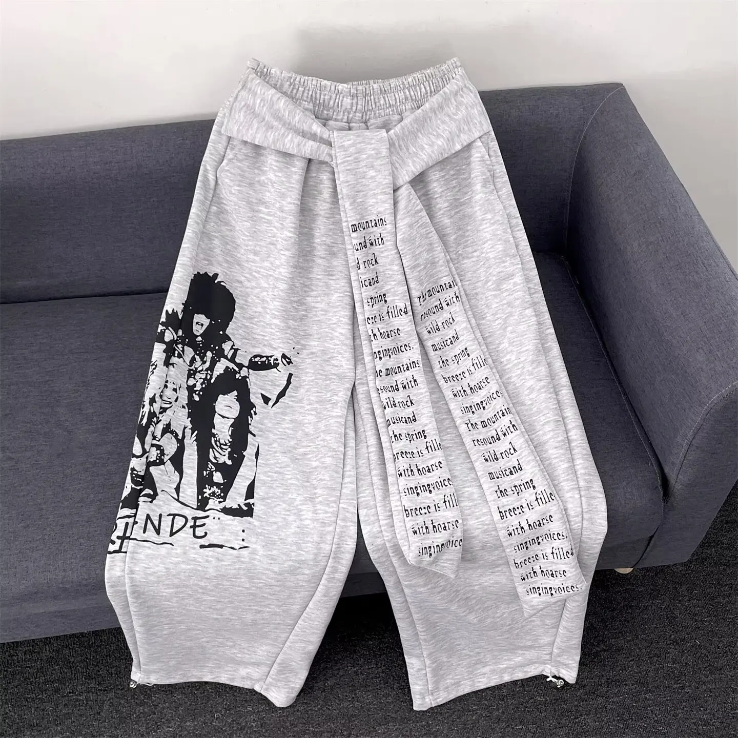 

American High Street Letter Print Belted Layered Casual Pants Men's Spring Autumn Loose Versatile Sports Wide Leg Pants