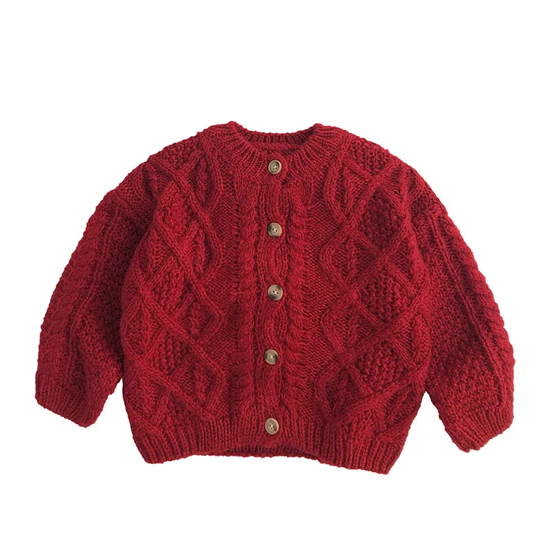Kids' Red Knit Cardigan, Warm Button-Front Sweater for Boys Girls, Retro Style Knitted Outerwear for  2025 New Autumn Winter