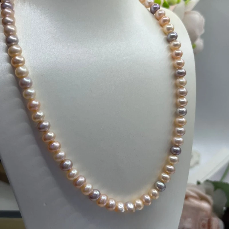 Pearl Necklace 7-8mm Purple Pink Bread Pearls Cultured Strand Choker Necklace Handmade Dainty Mother's Day Birthday Gifts