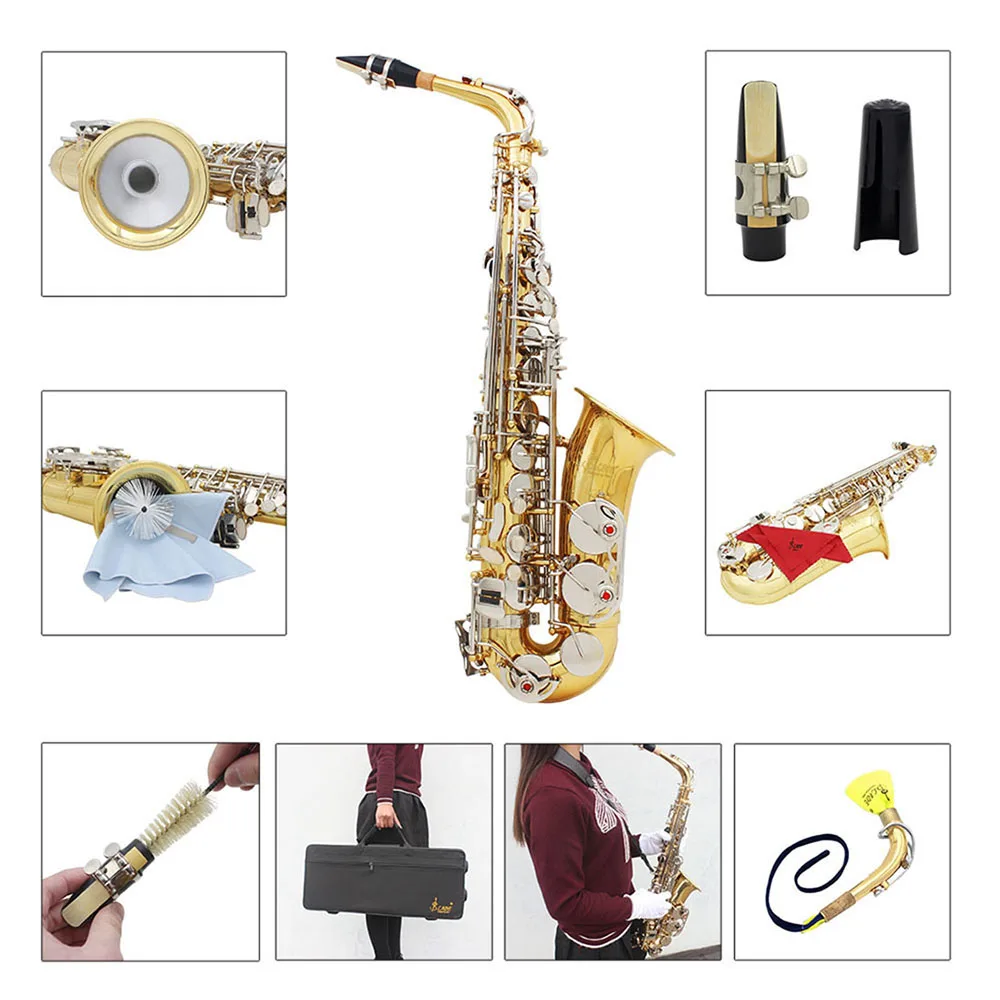 Saxofón Alto Eb de alta calidad, latón lacado en oro, Saxofón plano, instrumento Musical de viento de madera con estuche, accesorios para boquilla