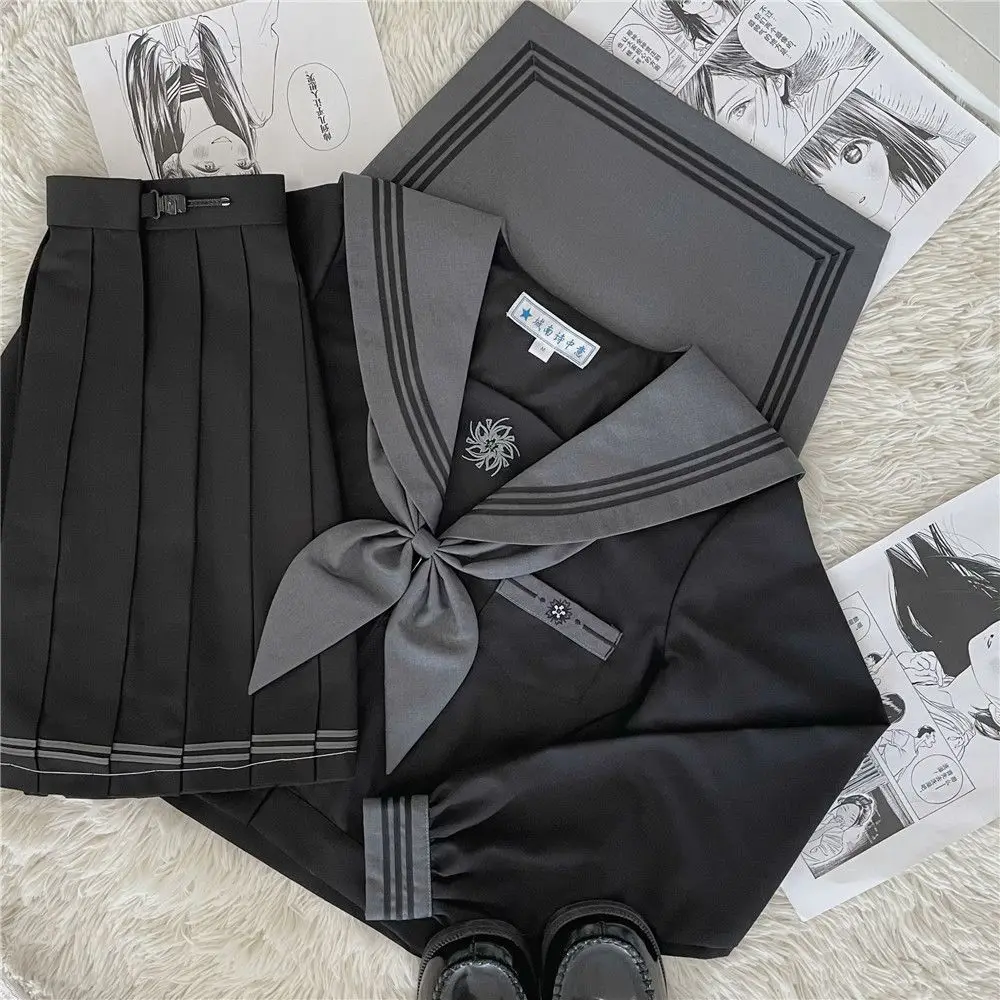 Korean Gray Black Sailor Uniform Orthodox Jk Uniform Women 2024 Summer Autumn Gothic Style Girls High School Uniform Halloween