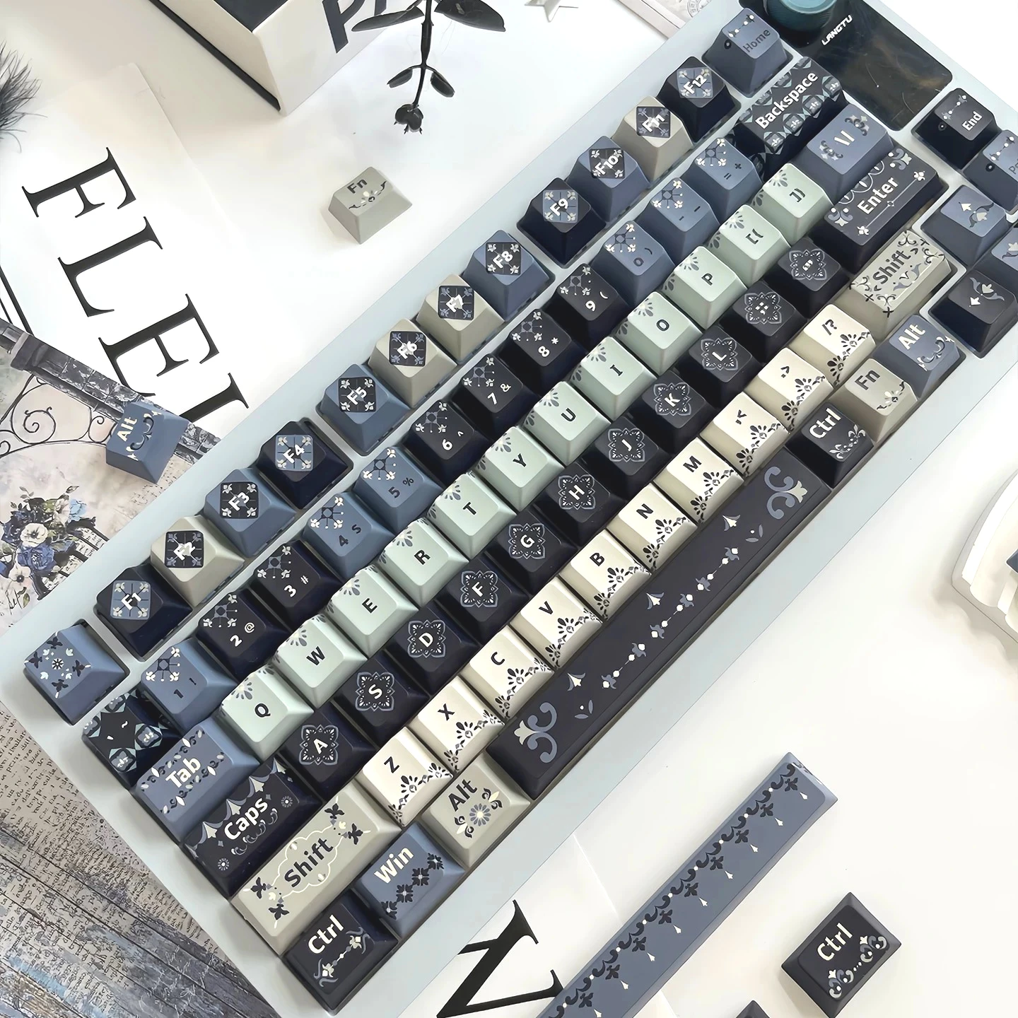 MAIMOOO Keycaps Black Dark Gray Woven At Night Heat Sublimated Cherry PBT Compatible with Mechanical Keyboard Keycaps 120keys