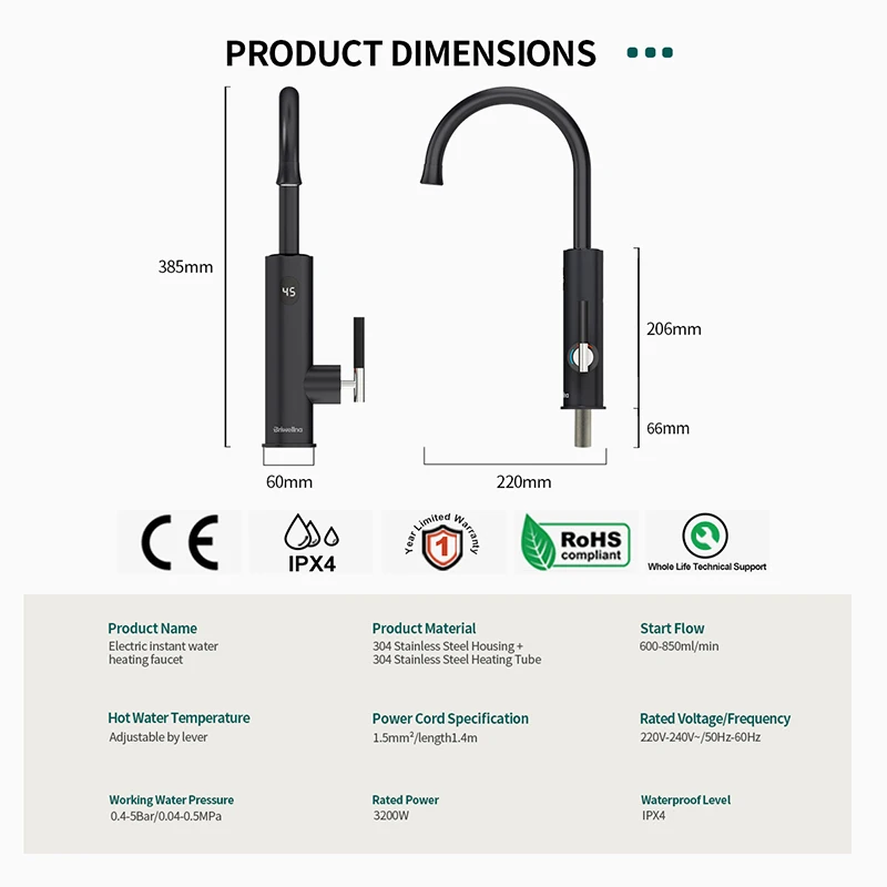 3200W Electric Water Heater 220V Tankless Kitchen Faucet Mixer Tap 2-in-1 Flowing Water Heating System Electric Geyser