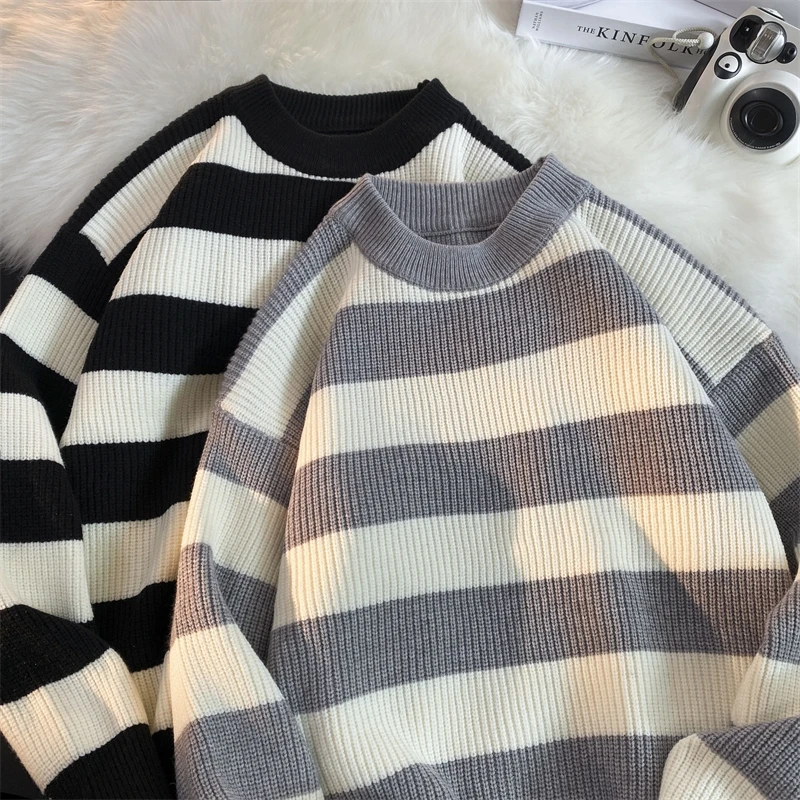 2024 Men's Winter Sweater Harajuku Fashion Striped Sweter Oversize Pullover Warm Knitted Sweater Men's Clothing