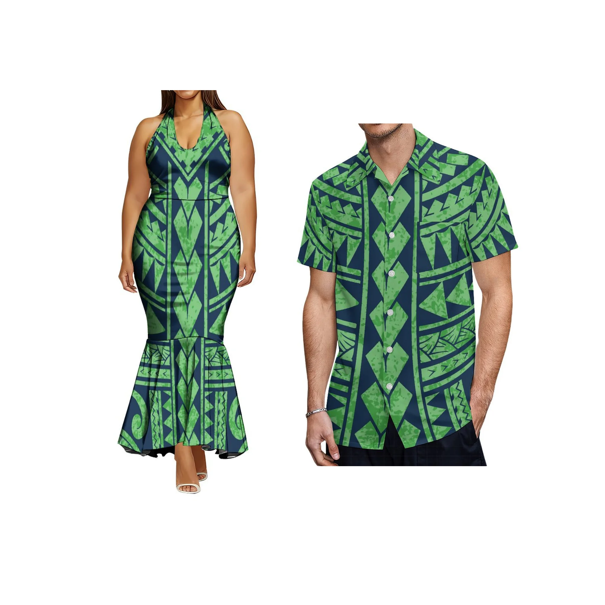 Print on Demand Ladies Sleeveless Fishtail Dress Hawaiian Polynesian Tribal Side Zipper Fishtail Halter Dress Custom Prom Dress