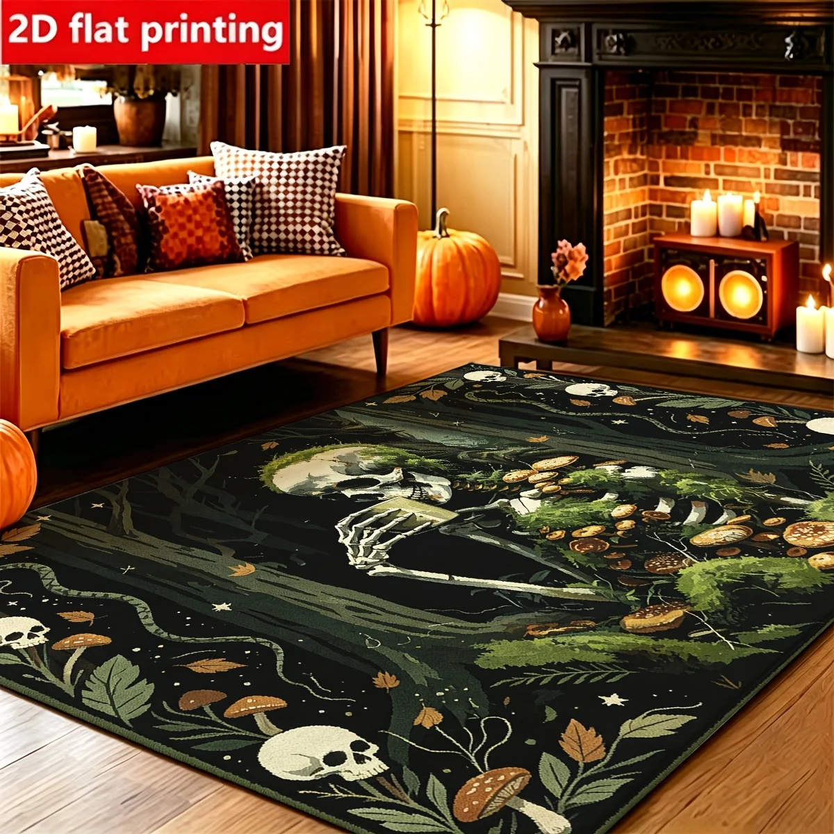 1pc Gothic Forest Skeleton Mushroom Area Rug, 2D Flat Print, Indoor Floor Mat for Living Room, Halloween Home Decor