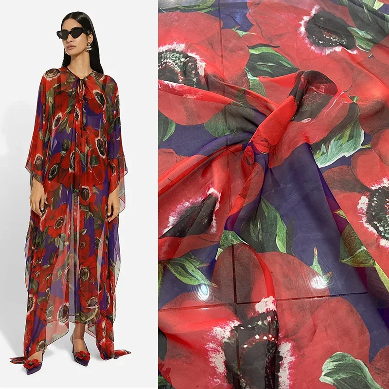 Saia estampada com padrão floral para mulheres, tecido macio, elegante, lindo vermelho, grande, primavera, verão, 24