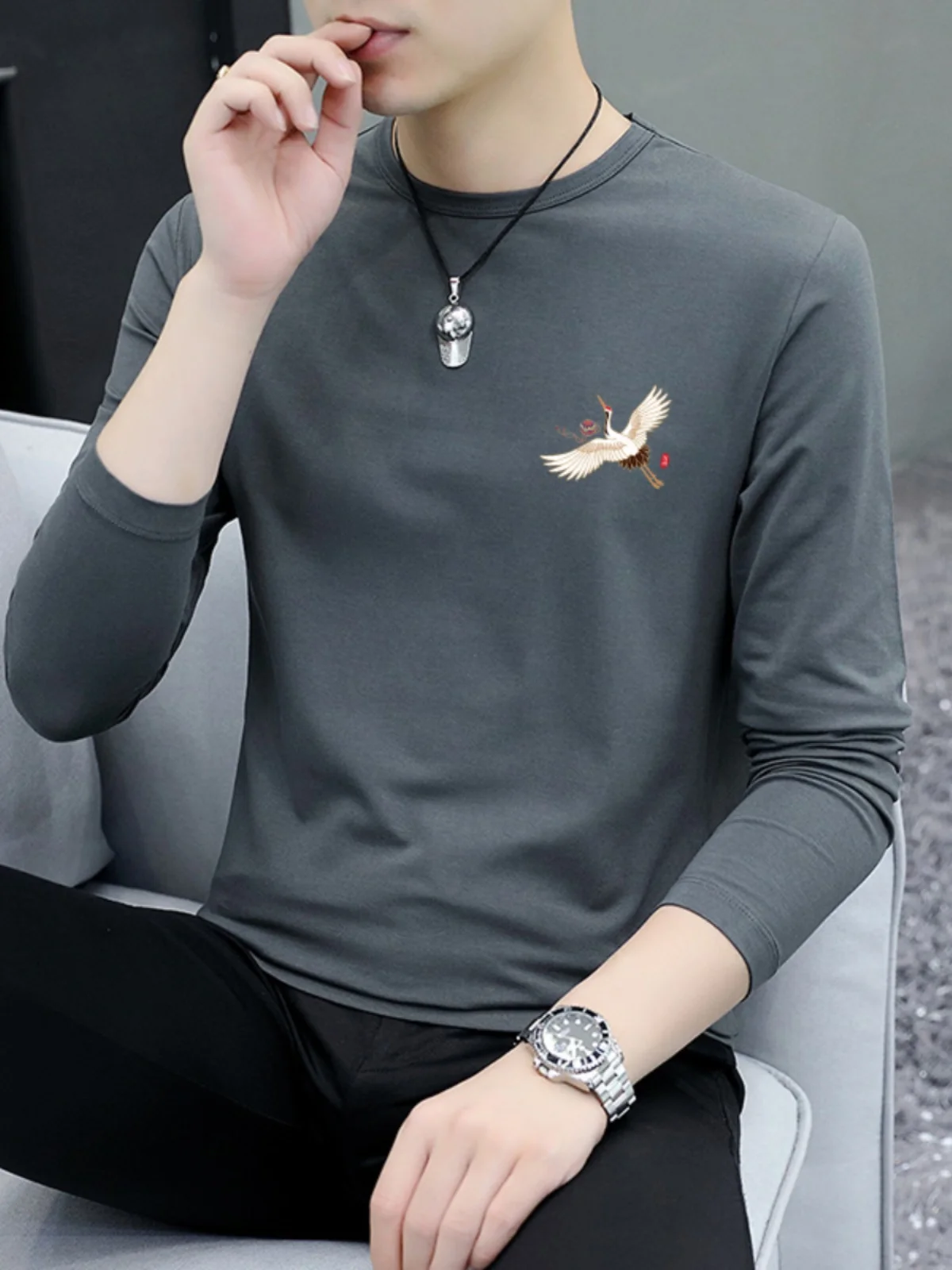 

White Crane Print Spring And Autumn 2024 New Men's Round Neck Long Sleeve Slim Fit Trendy Student Bottom Shirt T-shirt 5846