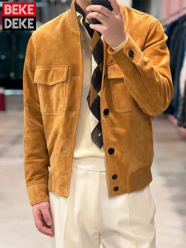 

Luxury Men Real Leather Jacket Single Breasted Stand Collar Slim Fit Cow Suede Bomber Jackets Italian Style Fashion Casual Coat