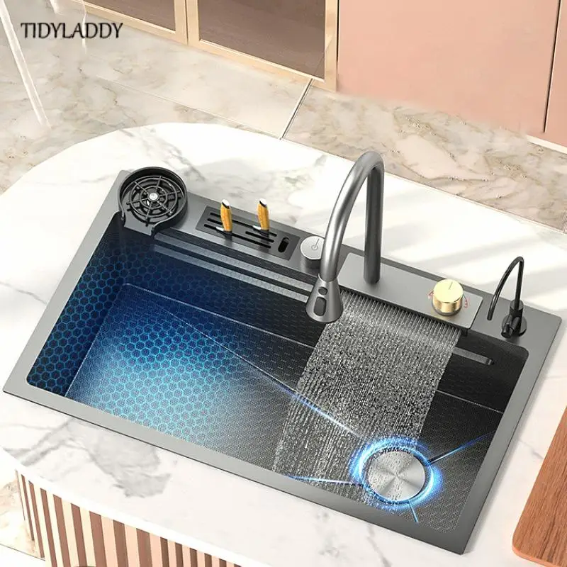 

Waterfall Faucet Kitchen Sink Embossed Honeycomb 304 Stainless Steel Large Single Slot Multi-Function Digital Display Sink