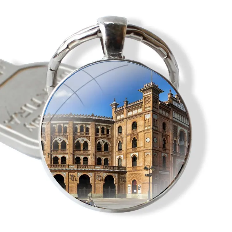 Glass Metal Pendant Key Chain Classic Men Women Key Ring Accessories Jewelry Gifts Madrid bullring Plaza de Toros