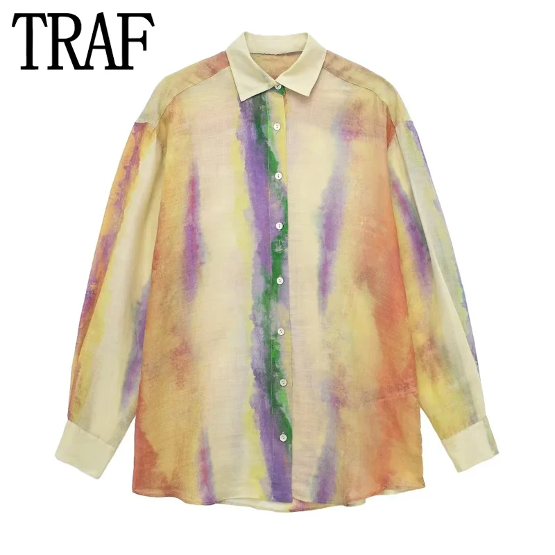 TRAF Tie Dye Long Shirt Women Semi Transparent Button Up Shirt Women Long Sleeve Top Female Loose Summer Blouses Woman 2023