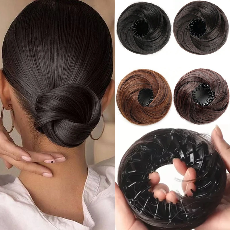 Peluca de moño sintético, extensiones de moño, moño retráctil, postizo, moño recto de Donut, cabello Updo para mujeres, uso en todas las ocasiones