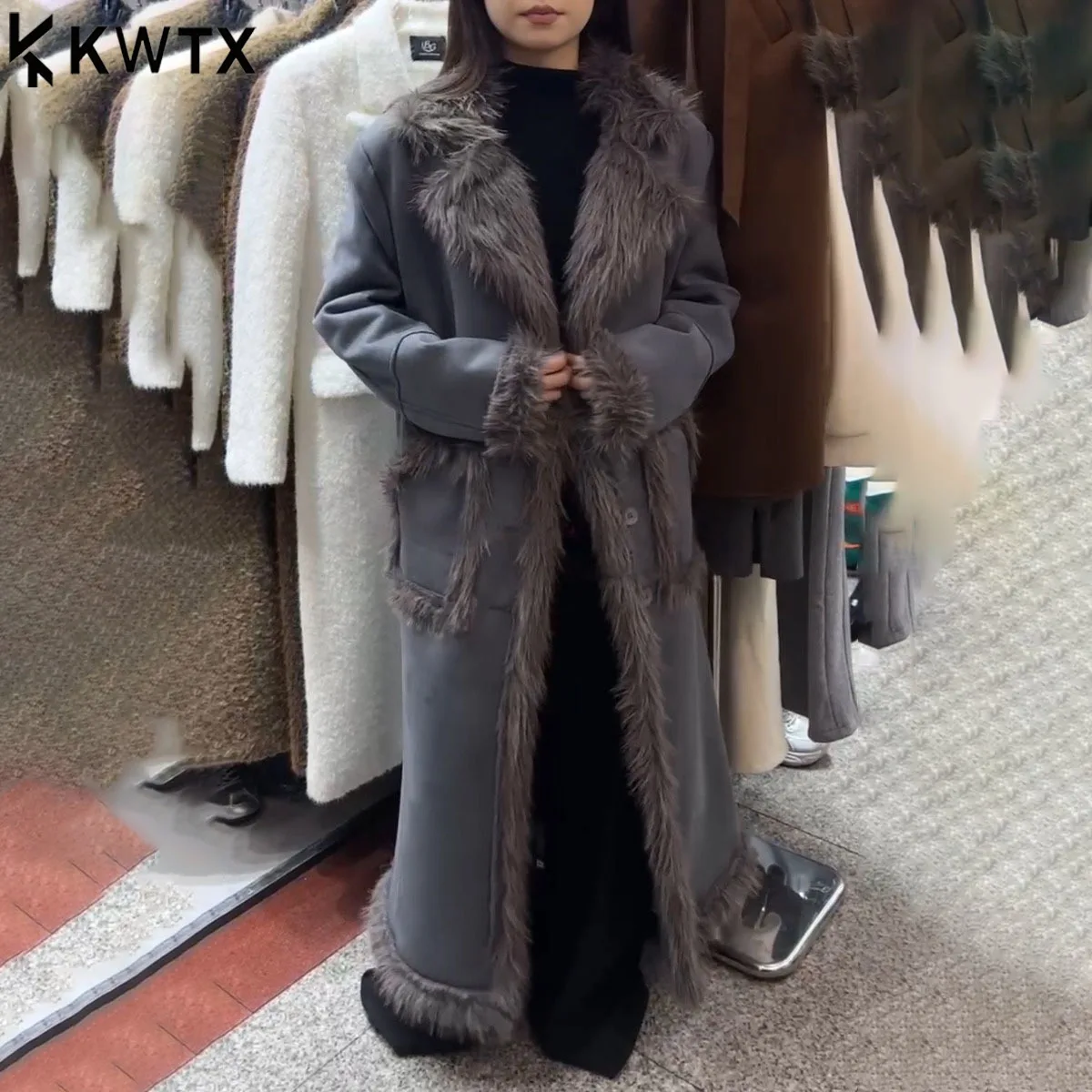 

KWTX Women’s Long Faux Fur Coat Solid Color Vintage Designer Casual Lapel Patchwork Suede Elegant Comfortable Premium New Winter