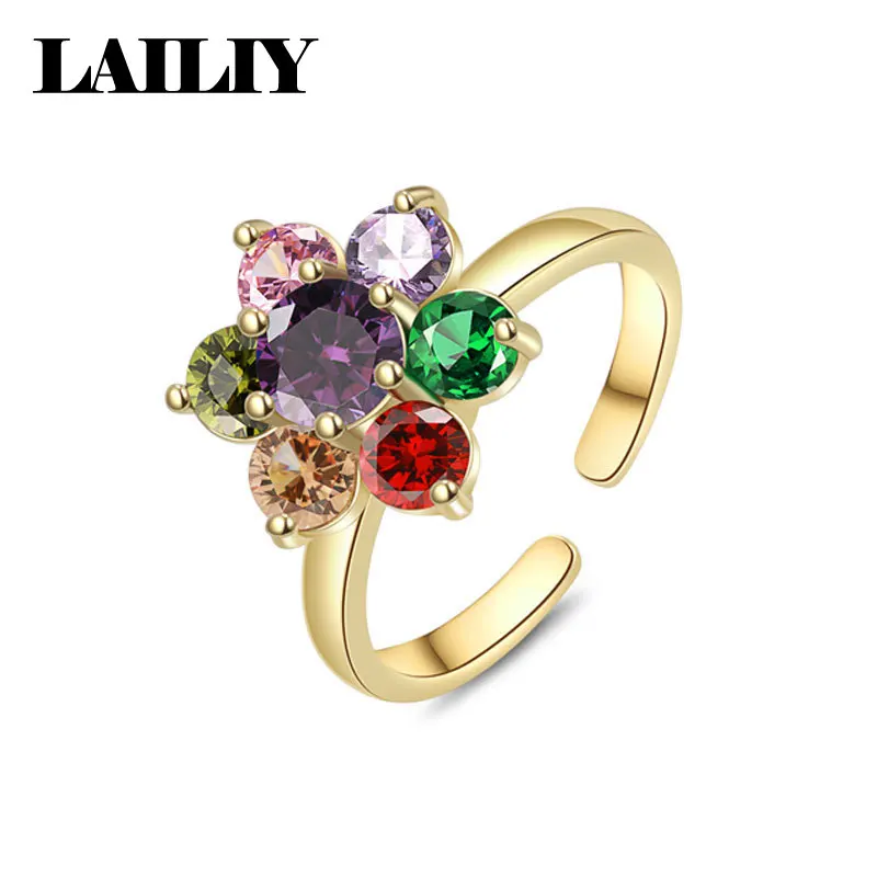 LAILIY925 Sterling Silver 18K Gold Birthday Gift Party Multi Colored Zircon Flower Adjustable Ring for Men Women Fashion Jewelry