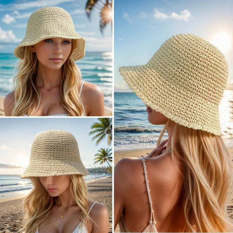 Foldable Wide Brim Panama Bucket Hat Hollow Woven Breathable Straw Sun Hat Soft Light UV Cap For Summer Beach Travel Outdoor