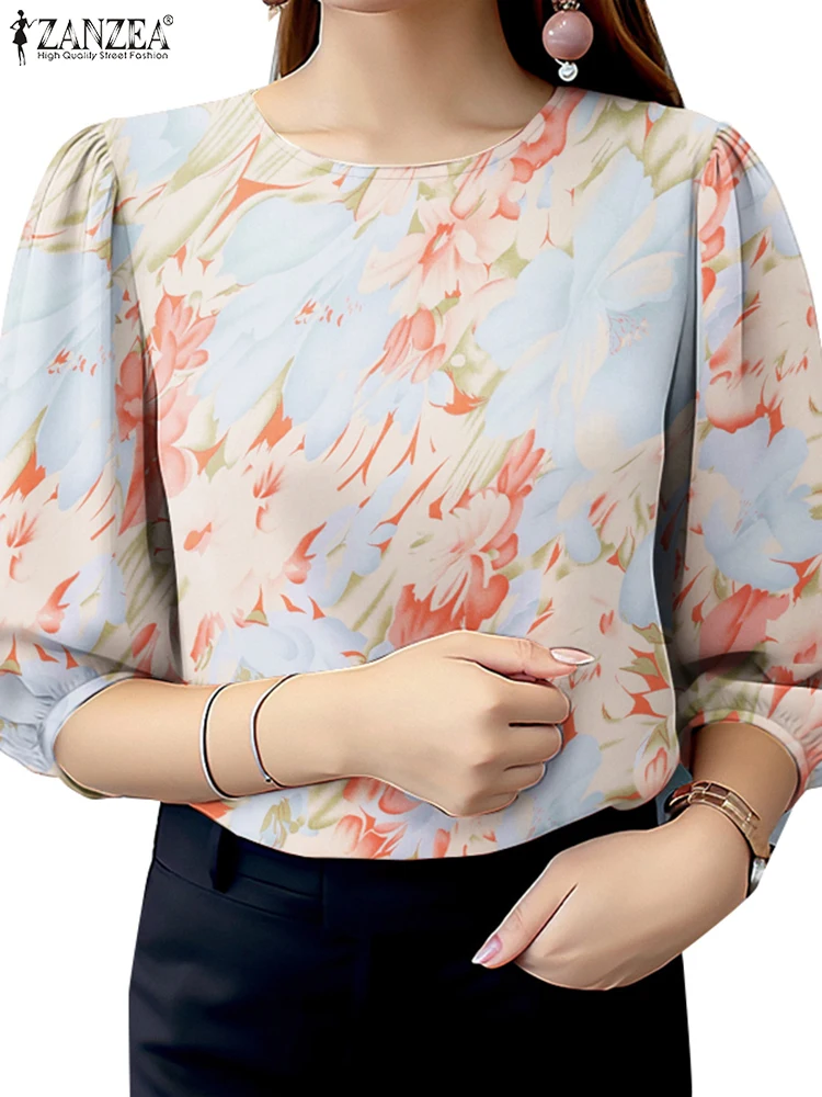 ZANZEA Autumn 2024 Daily Blouses Classy Women Floral Printed O Neck Tops Leisure 3/4 Puff Sleeve Elegant Casual Blusas Mujer