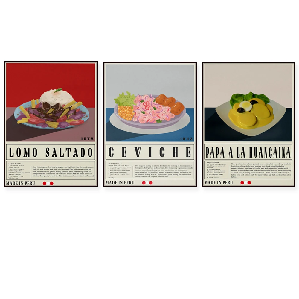 Ceviche, Lomo Saltado, Peruvian cuisine, Papa A La Huancaína vintage food print, housewarming gift, kitchen wall decor poster