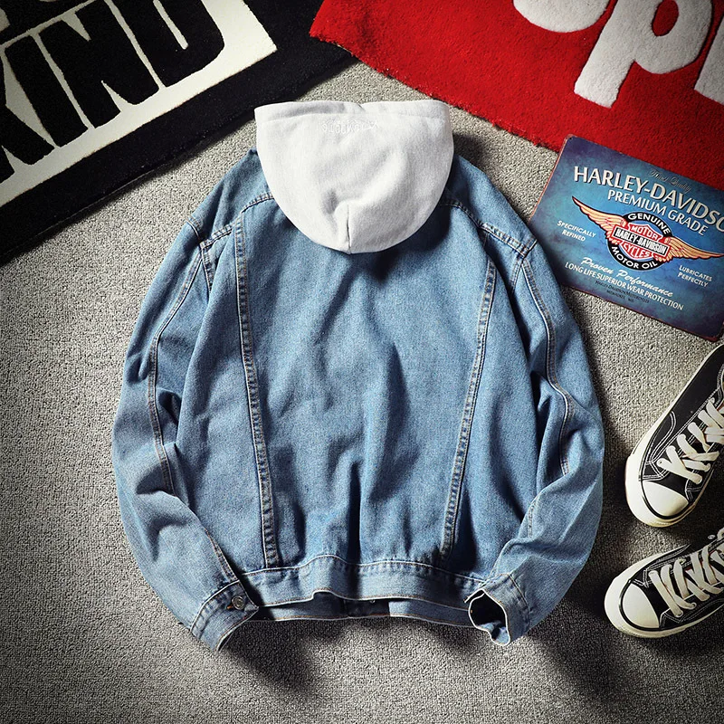 Korean Style Trendy Student New Denim For Loose And Handsome, Versatile Hooded Men, Solid Color Jacket