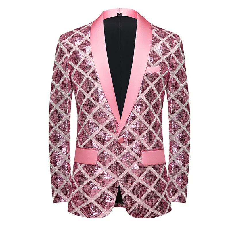 New Men Checkered Sequin Suit Jacket Blue / Red / Pink Fashion Male Luxury Dance Party Blazer Coats