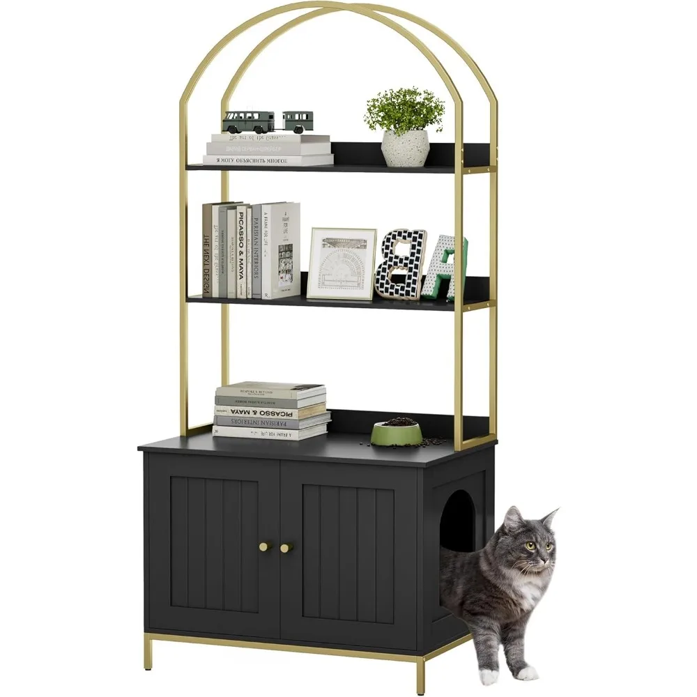 Hidden Cat Litter Box Cabinet with Two-Tier Storage, Wooden Washroom Furniture