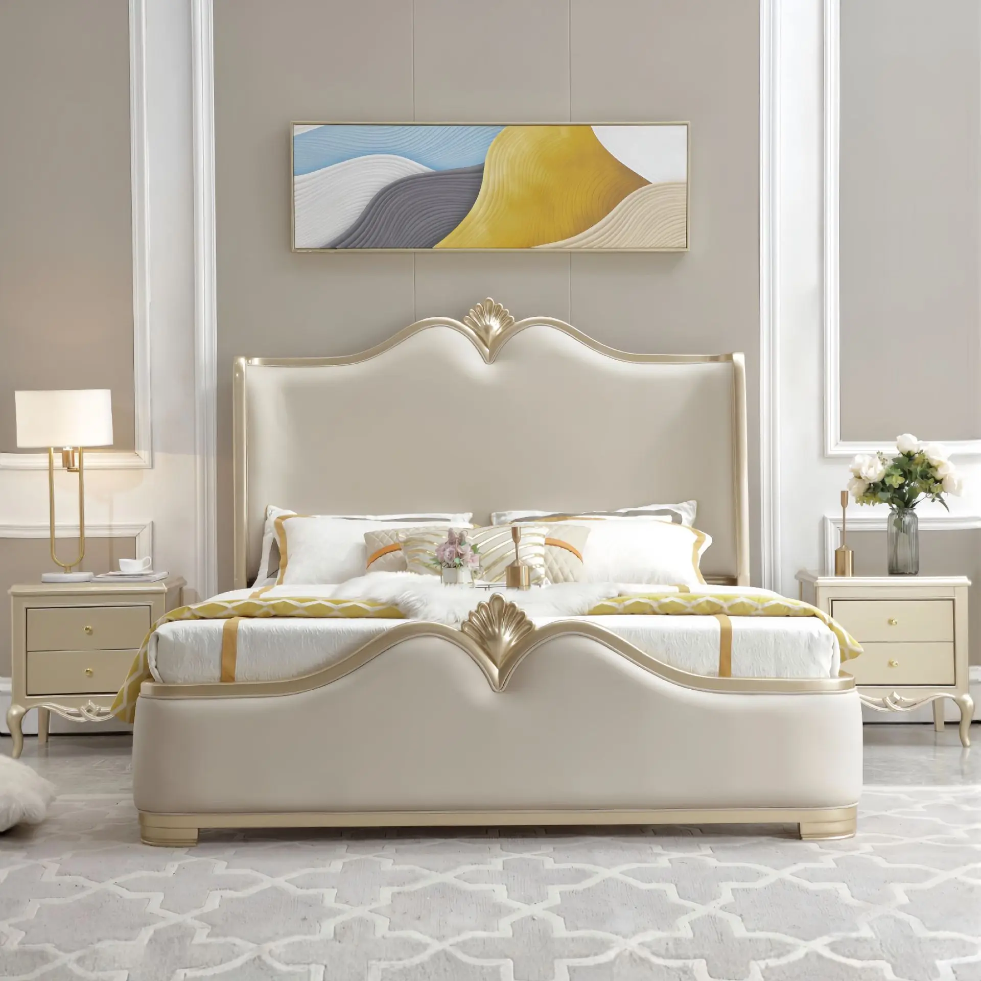 

Customizable American light luxury solid wood bed Modern simple master bedroom bed European cream wind marriage bed