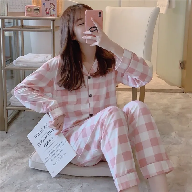 Korean Version of Ms. Sweet Lace Lace Cherry Blue Plaid Pajamas Home Wear   Ms. Long-sleeved Pants Cardigan Girl Home Set  Women