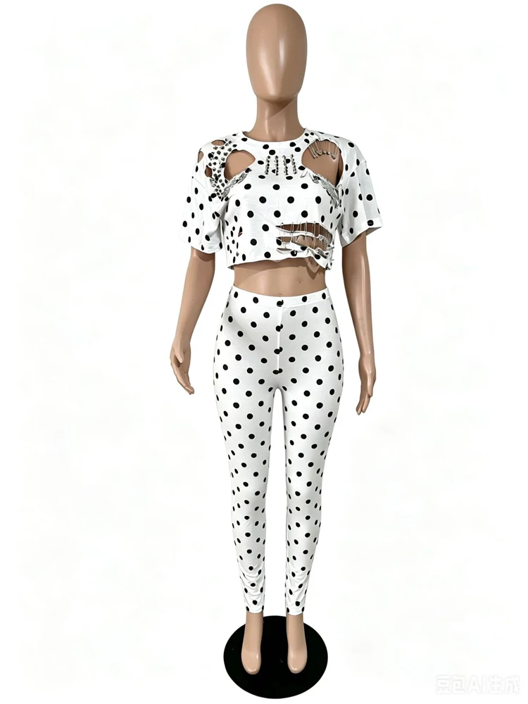 Vintage Polka Dot Zweiteiliges Set für Damen, Cutout-Fransen-Crop-Top, High-Waist-Hose, Streetwear-Outfit, Clubwear für den Abend. – Detail 7