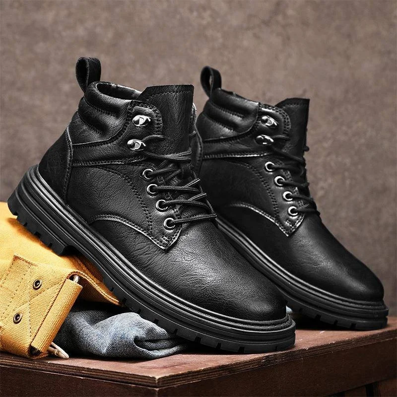 

Men's High Top Casual Boots Autumn Winter Fashion Work Boots Short Tube PU Leather Rubber Sole Anti-Slip Leisure Shoes