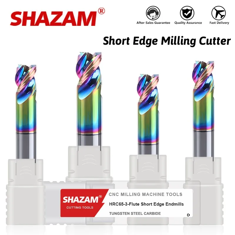 SHAZAM CNC Machining Tools 1.0mm-12.0mm 3-Flute Short Edge Milling Cutter Tungsten Steel Carbide Colorful Coating Flat End Mills