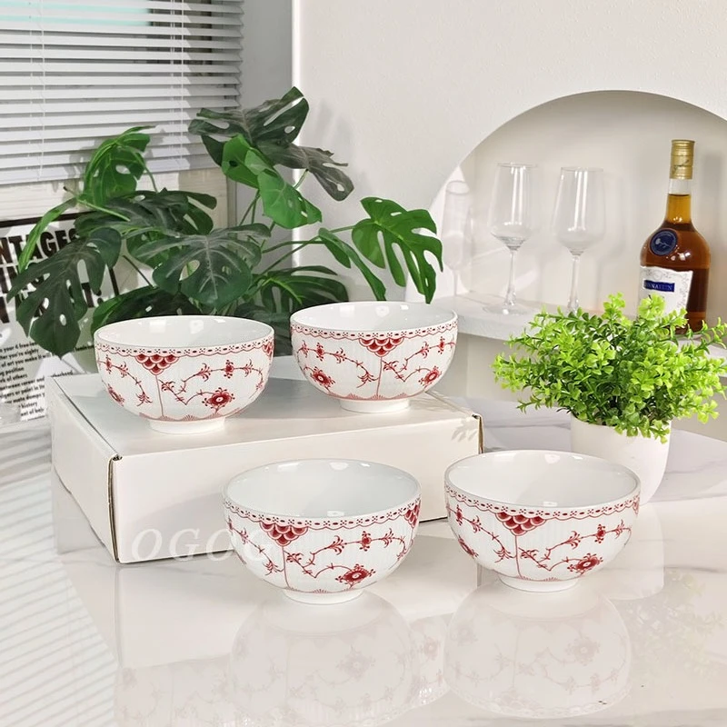 

Набор из четыре мисок для риса из костяного фарфора, 4,5-дюймовые миски для домашней столовой, прочные и элегантные для ежедневного использования и семейных встреч