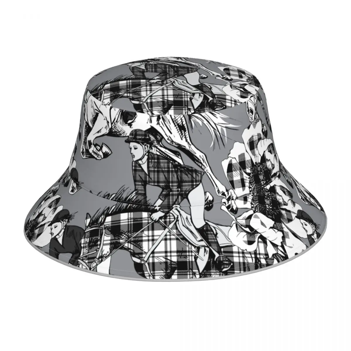 New Fisherman's Hat Unisex Fashion Galloping Checkered Horse Bob Cap Windproof outdoor Reflective Bucket Hat