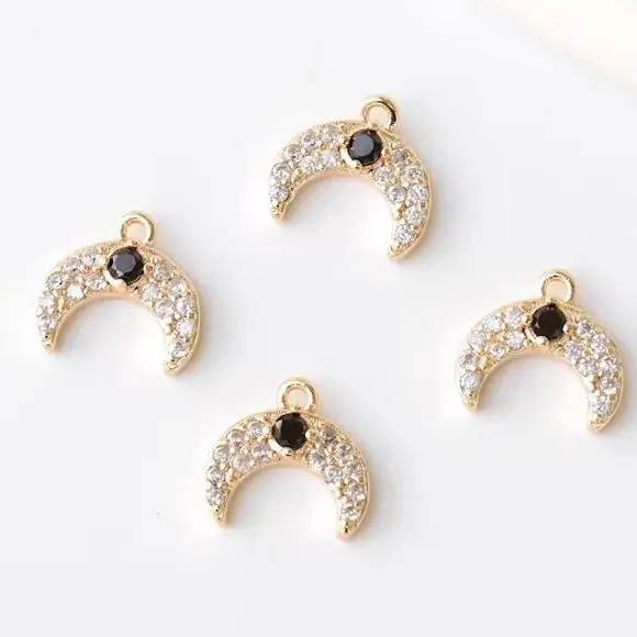 

2 шт. 9,5x8,5 мм DIY аксессуар ручной работы из медного настоящего золота, слегка инкрустированный цирконом черный маленький бриллиантовый кулон в форме полумесяца