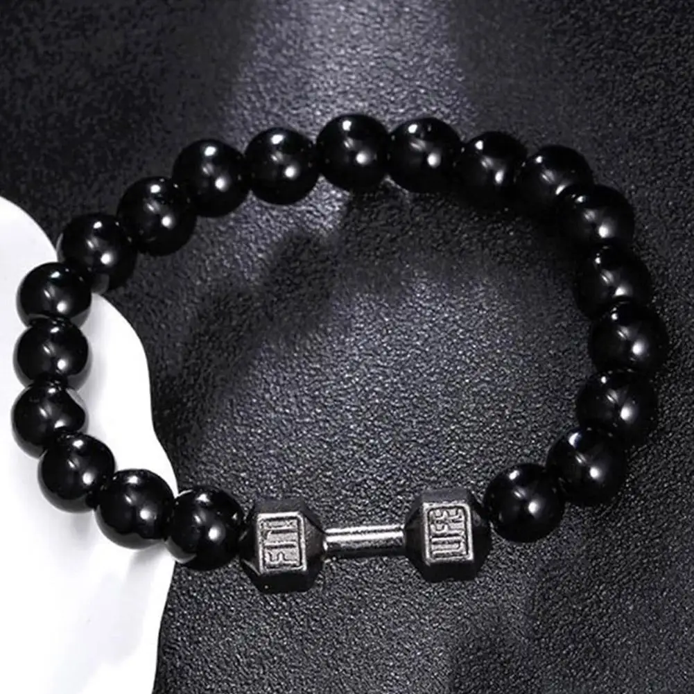 Natural Volcanic Lava Stone Dumbbell Bracelet Black Matte Beads Bracelets Natural Stone Barbell Energy Weights Bracelets