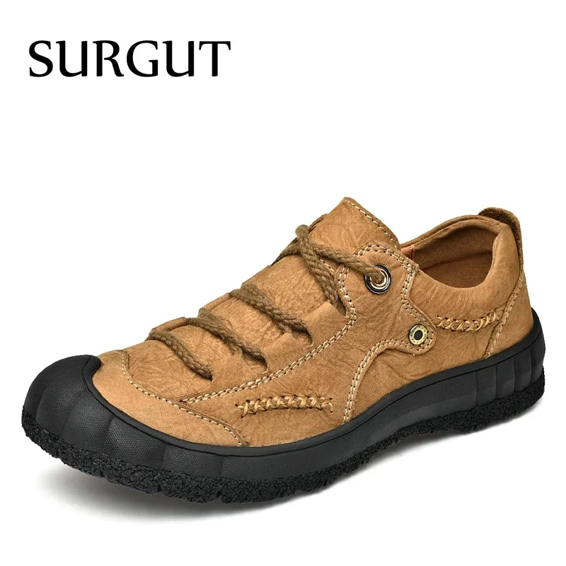 SURGUT Men's Genuine Leather Casual Shoes Outdoor Trendy Men Shoes Waterproof Non-slip Man Platform Shoes Anti-collision Toe