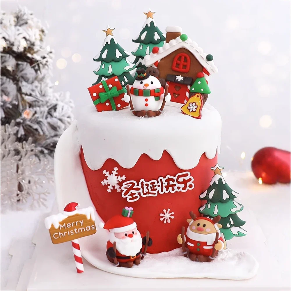 Adornos para tarta navideña, diseños de Papá Noel, muñeco de nieve, alce y árbol, adecuados para decoración de fiesta de Feliz Navidad y Año Nuevo de 2025, 2025