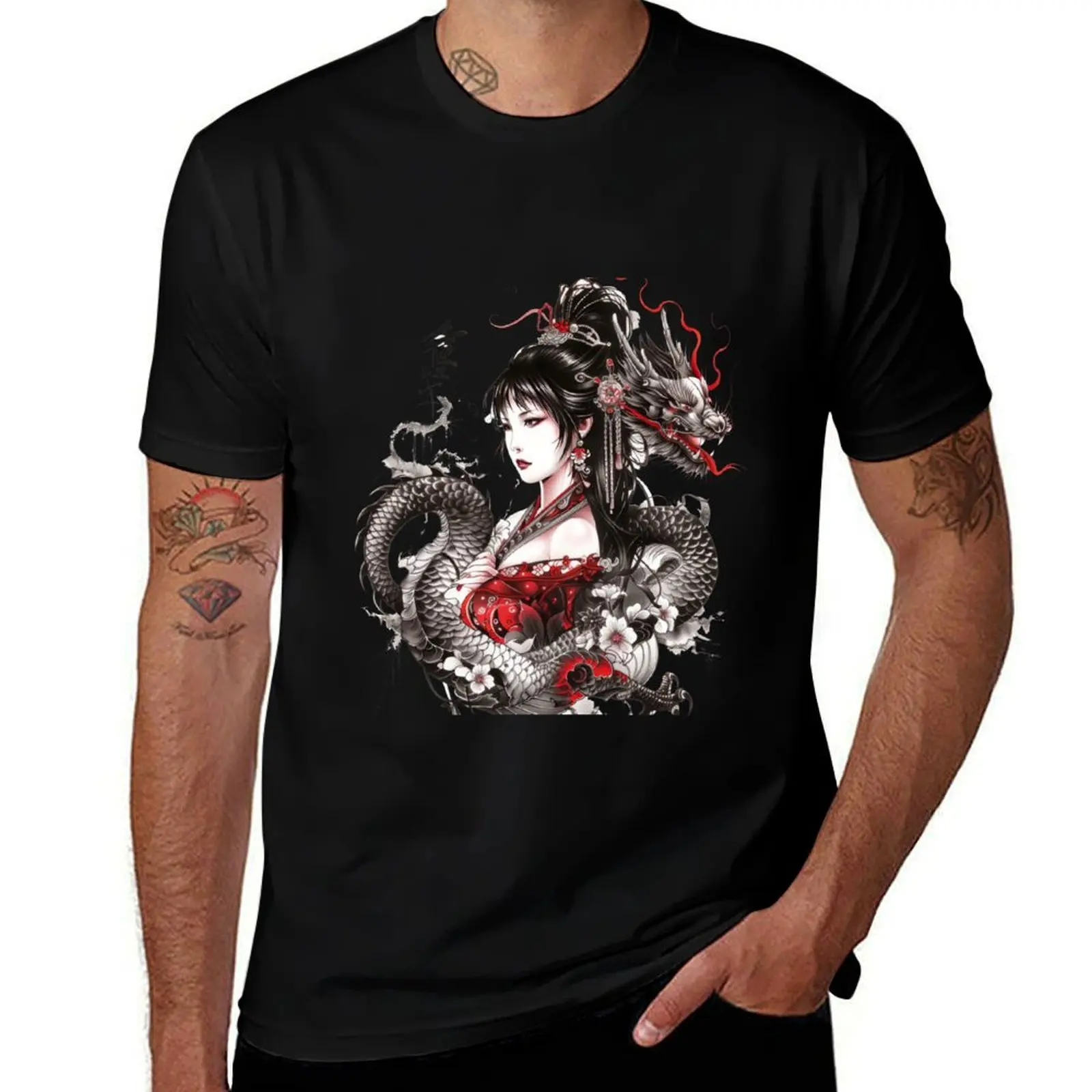 Japanese Geisha And Dragon. Tattoo Style Art T-Shirt funny t shirts man T-Shirt
