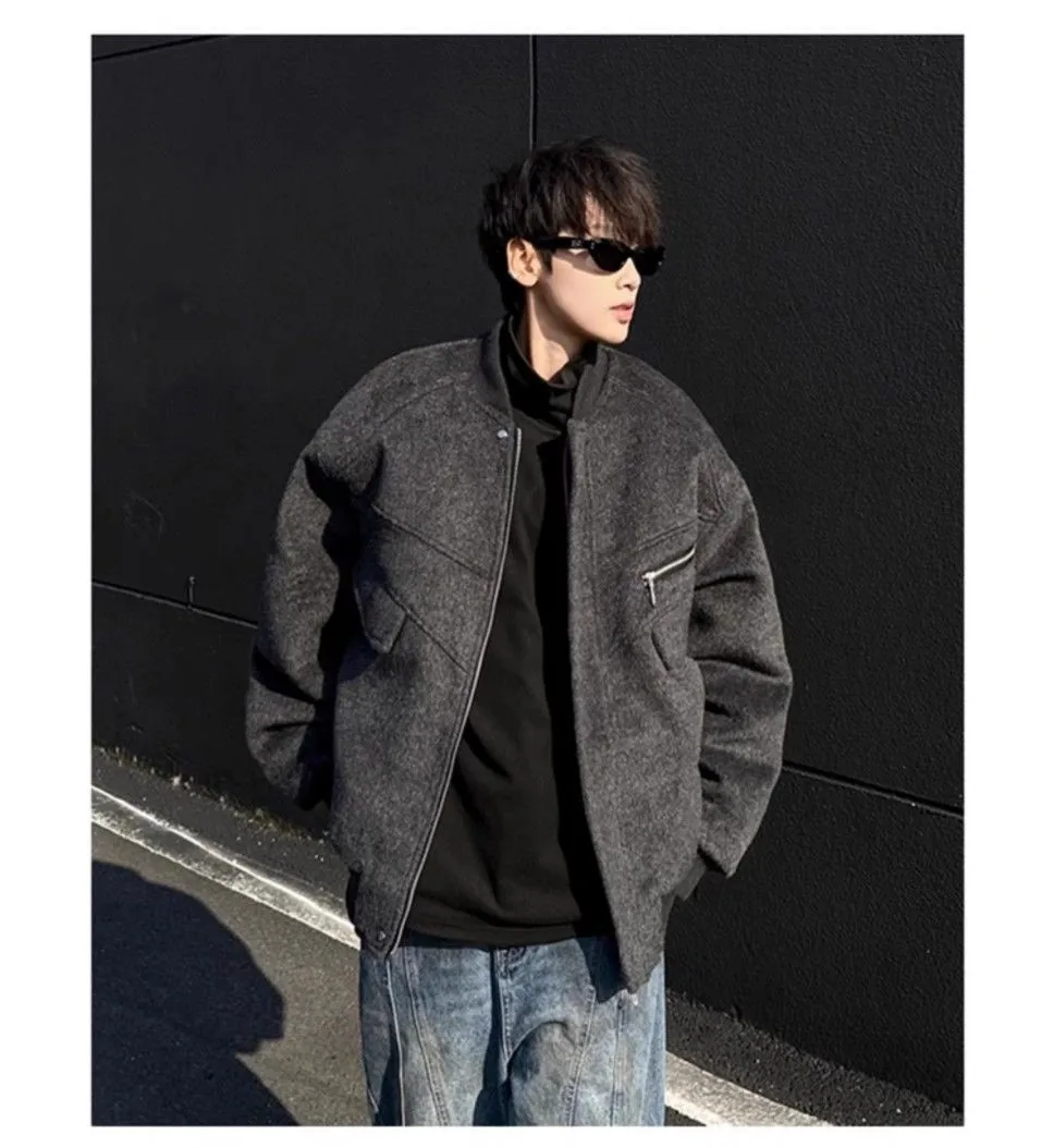 

Мужская куртка из смесовой шерсти: повседневная, теплая, удобная, из чистого хлопка, с заниженной линией плеч, в стиле ретро, базовая, с молнией и карманами, модная