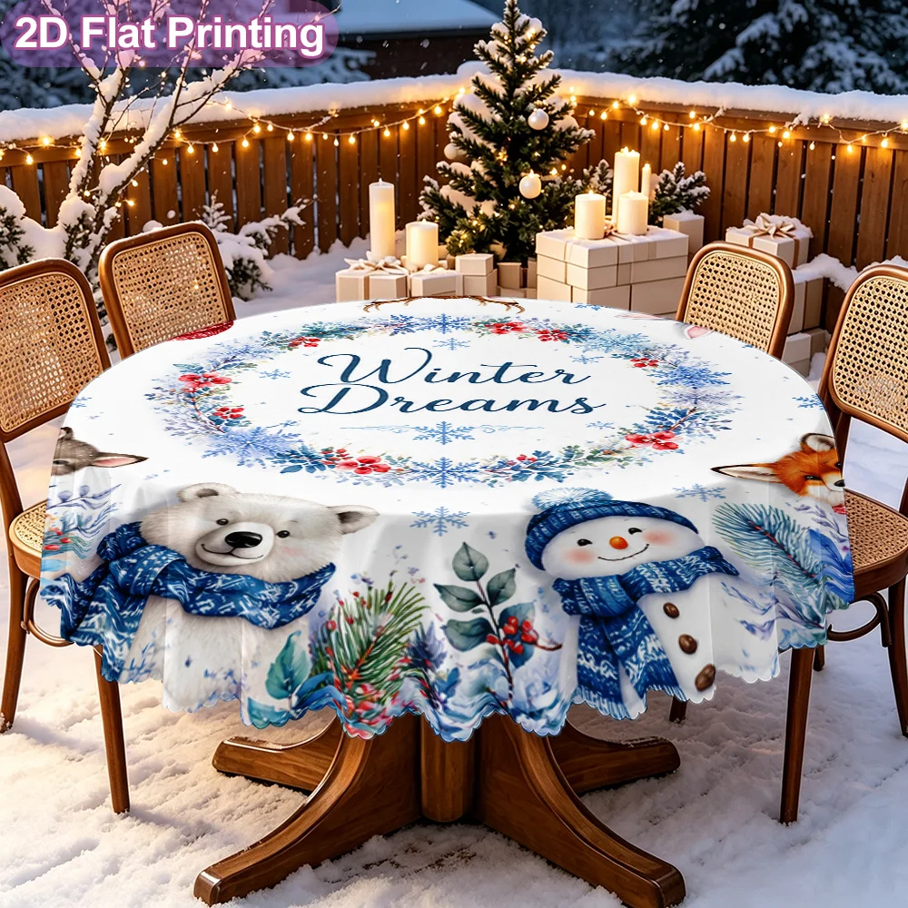 Winter Dreams Christmas Animals Wreath Printed Tablecloth, Winter Themed Table Cover