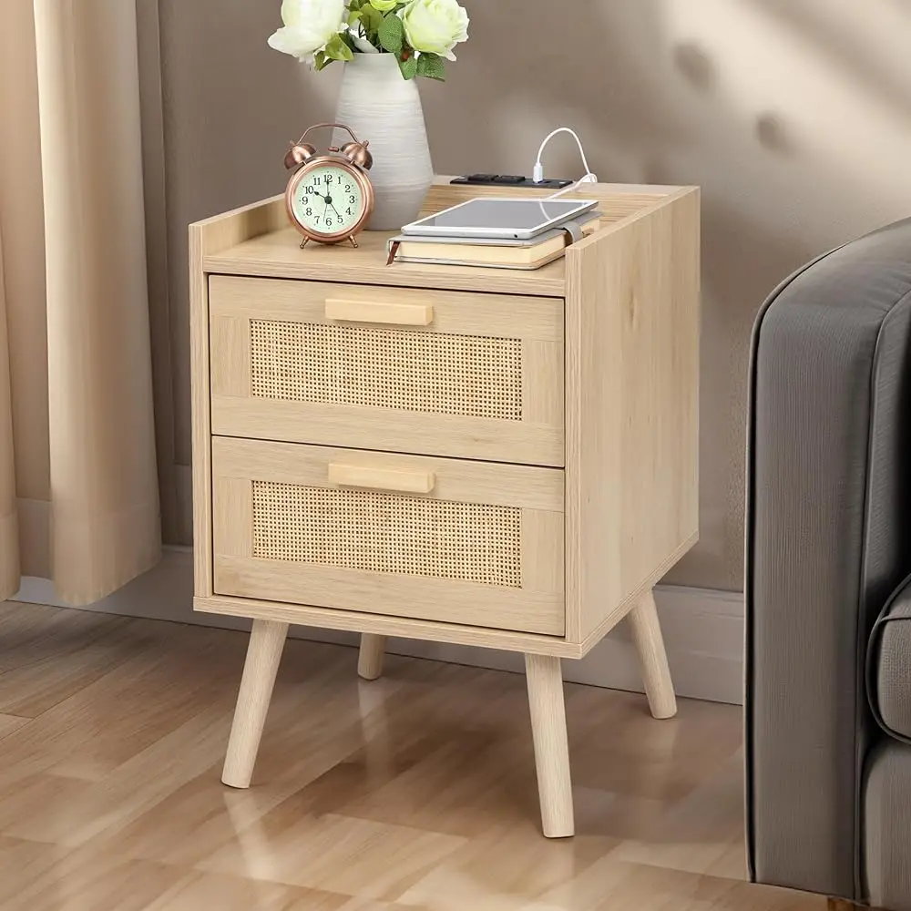

Nightstand With Charging Station, Bedside Table With 2 Hand Made Rattan Decorated Drawers, Night Stand With Storage For