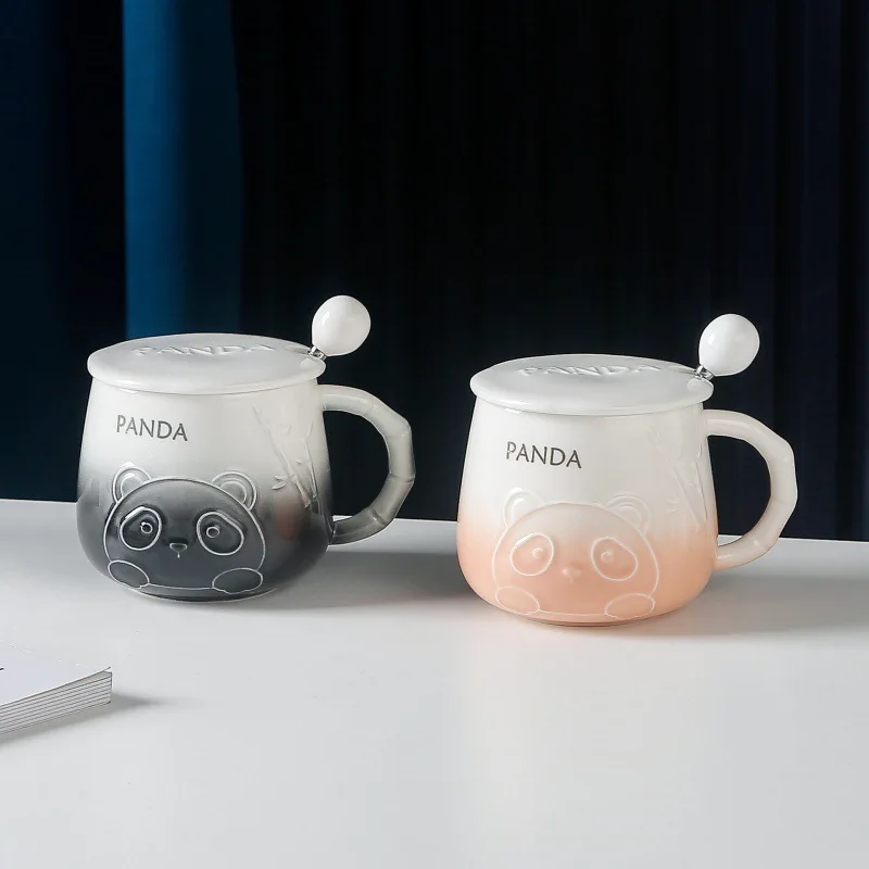 Creative Relief Panda Ceramic Cup Cartoon with Lid Coffee Mug with Spoon Breakfast Milk Mugs Couple High Beauty Water Cups Set