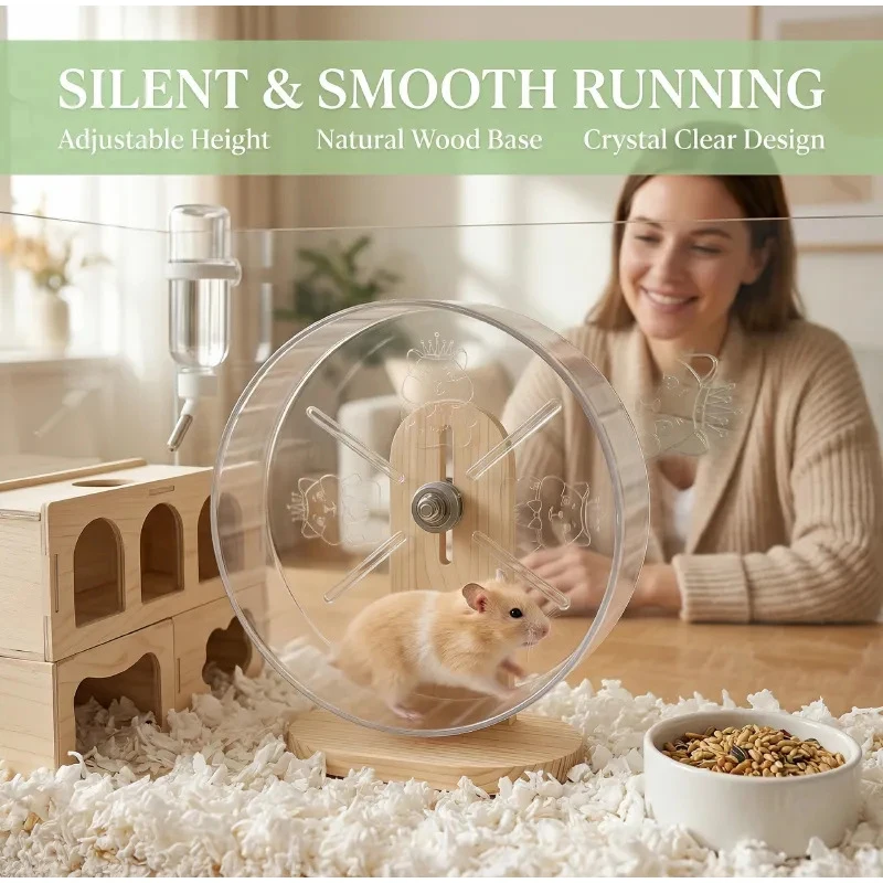 Silent Transparent Hamster Exercise Wheel Anti-Pinch Foot Bearing 18/21/24cm Plastic Acrylic Wooden Base Small Animal Cage