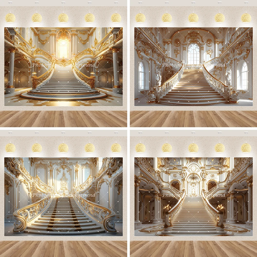 

Luxury Golden Palace Photography Background Retro Castle Staircase Church Banquet Hall Backdrops Wedding Birthday Party Decor
