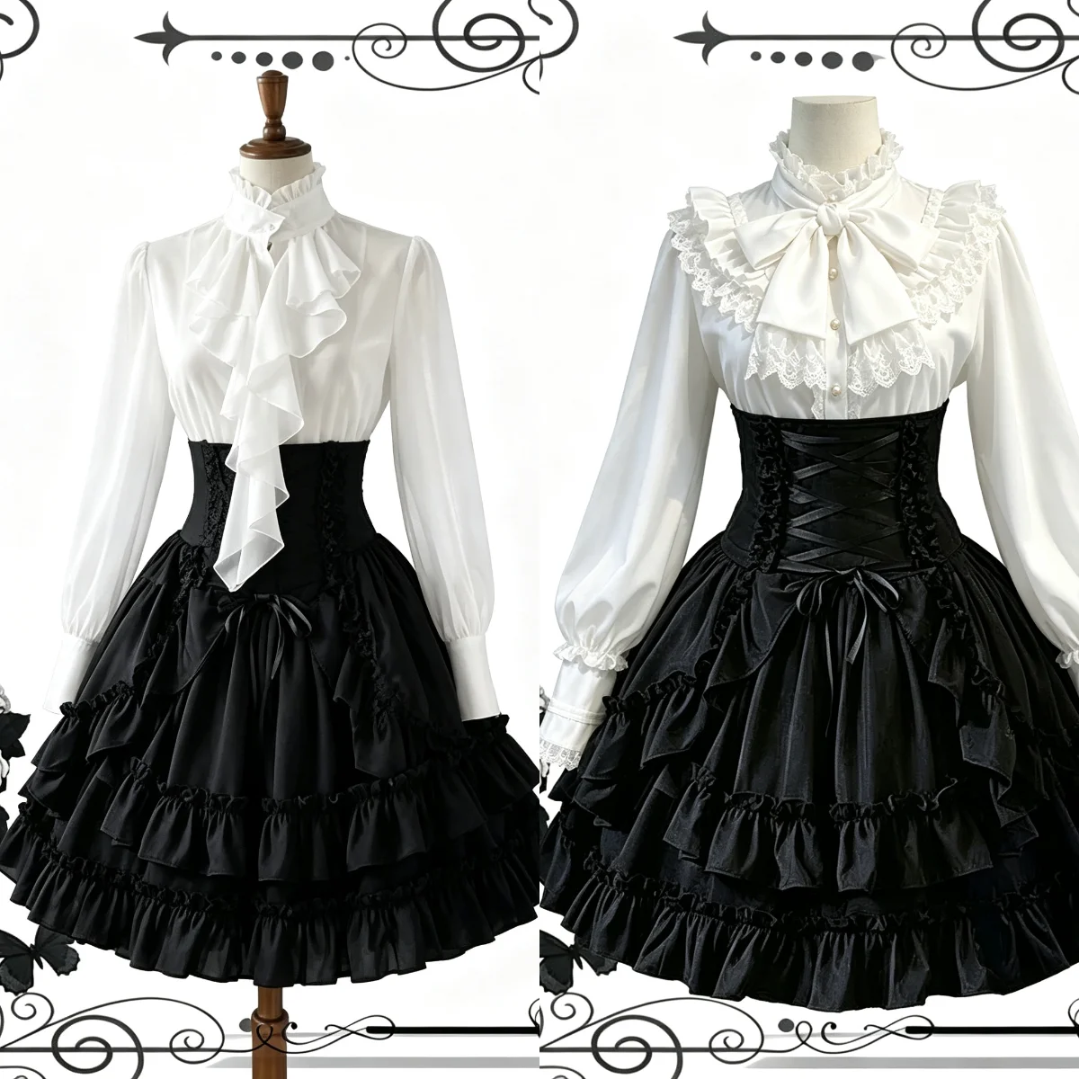 2026 Retro French Court 2 Piece Matching Set Ladies Elegant Ruffle Blouse Mini Skirt Wedding Party Autumn Women Clothing