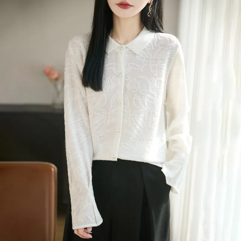 Women Polo Collar Knit Cardigan Spring Autumn Organza Jacquard Elegant Fine Wool Shirt Outerwear