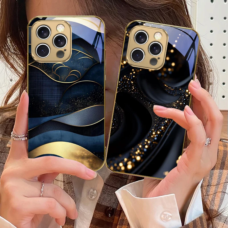 

High end geometric lines For IPhone 16 17Pro Max 15 P ro 14 13 Plus 12 Mini 11Pro Max XR 16E 17 Air Golden glass phone case