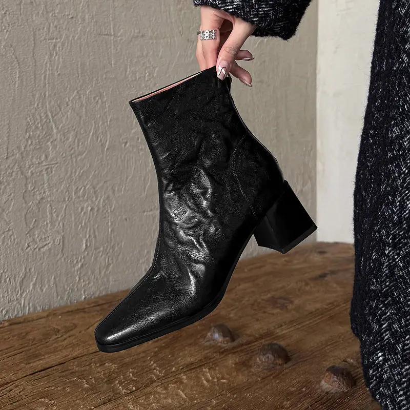 New Autumn Winter Genuine Leather Short Boots Square Toe Chunky Heel Shoes Solid Fashion Boots Casual High Heels Women Boots